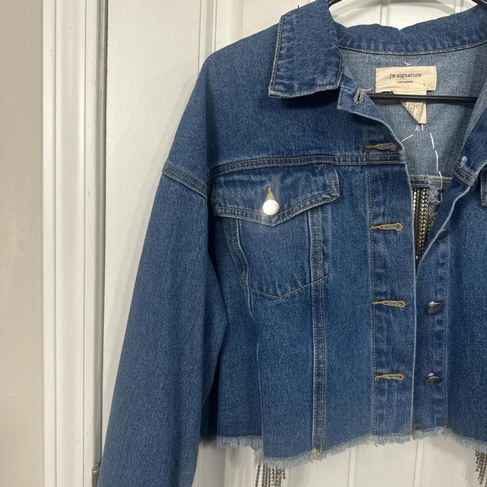 One of a kind statement cropped upcycled western disco denim jacket. Large - Picture 3 of 8
